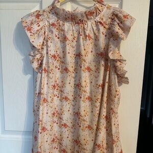 Floral Ruffle Sleeve blouse - Cream with Rust Orange Print- L